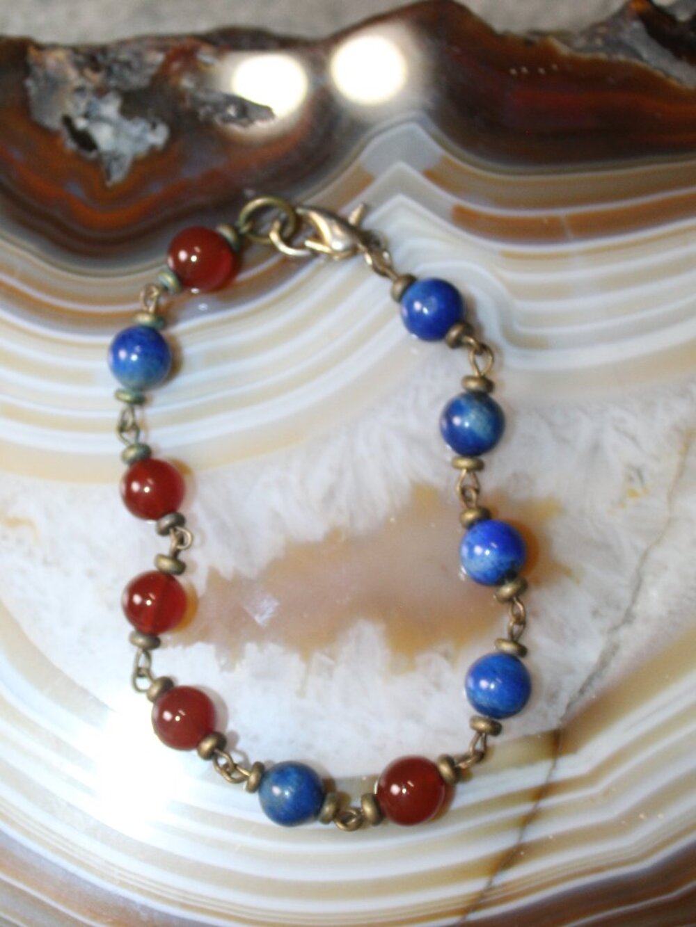 Gold Tone Red & Blue Stone Bead Link Bracelet
